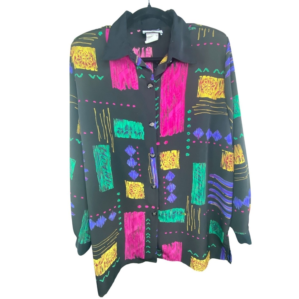 Caliche Collection Women Blouse 12 Vintage Abstract Geometric Button Down Shirt